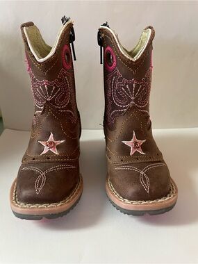 Jar Boots Girl Brown Western Star Embroidered Boots with Pink Accents